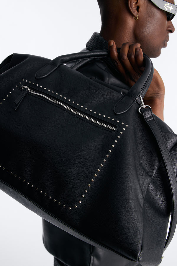 NOVA MEN Textured Faux Leather Mid-Size Weekender Duffle Bag - Black