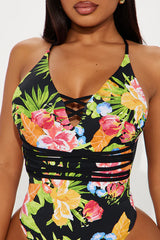 FASHION NOVA | Relaxing Beachside Lace Up Swimsuit | 1 Piece Black/Combo Flora Print | Medium