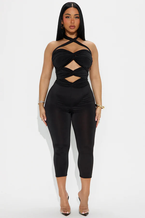 Fashion Nova Dare Me Ruched Cut Out Halter Jumpsuit - Black SIZE MEDIUM