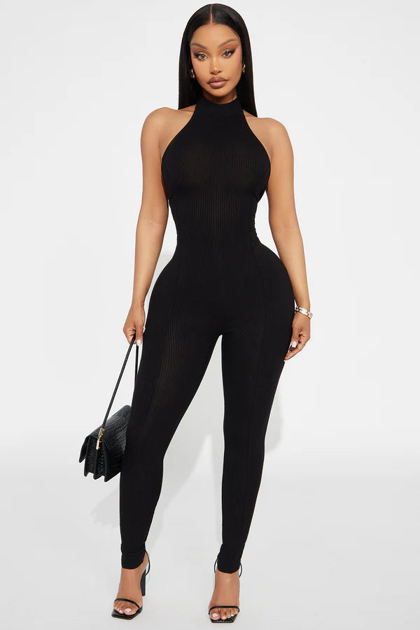 Fashion Nova Rubi Ribbed Jumpsuit - Black SIZE MEDIUM