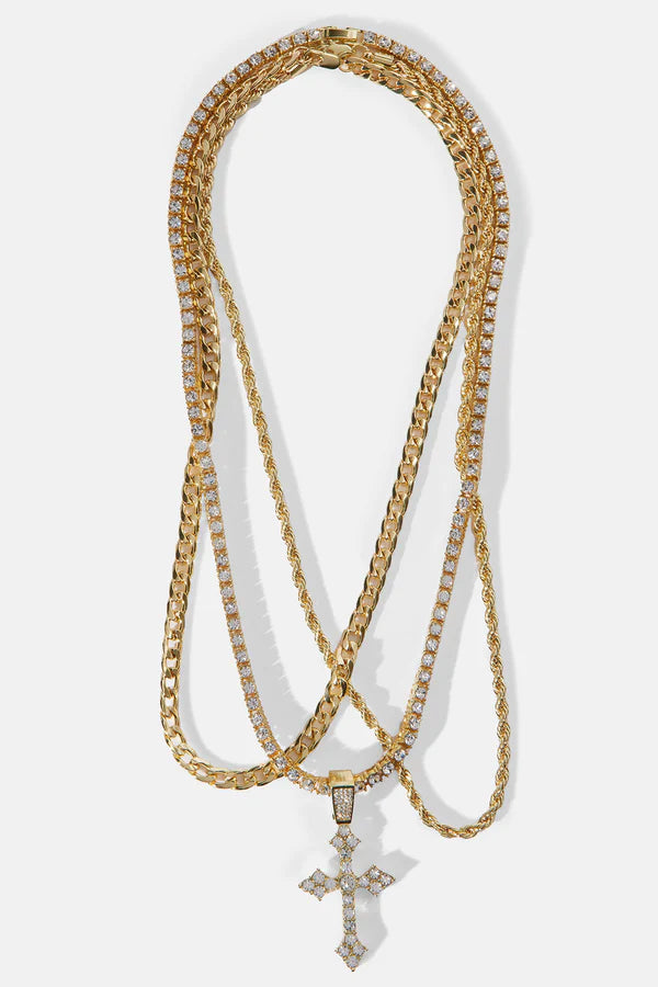 Cross On Me 3 Piece Chain Necklace - Gold