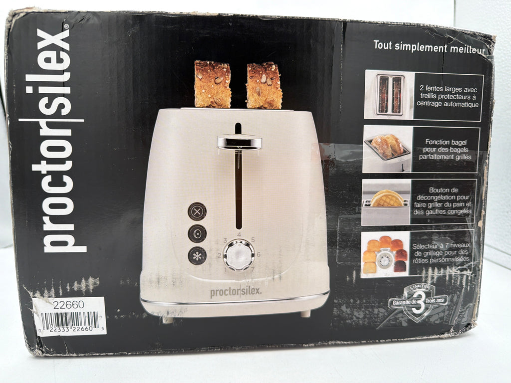 Proctor Silex Plastic 2 Slice Toaster, Bagel, Defrost & Cancel Buttons, Browning Control With 7 Shades, Auto Shutoff, Slide-Out Crumb Tray, Oat White (22660)
