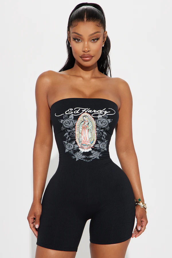 ED HARDY | Women's Virgin Mary Romper Print in Black | XS/0