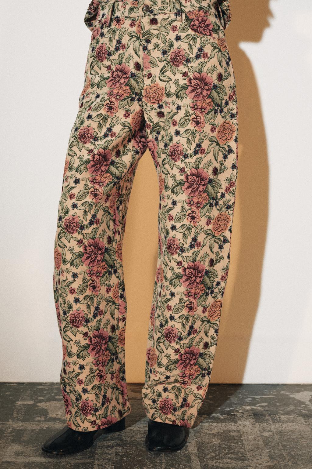 *Zara ZW Collection Women's Jacquard Floral Wide-Leg Trousers - Small