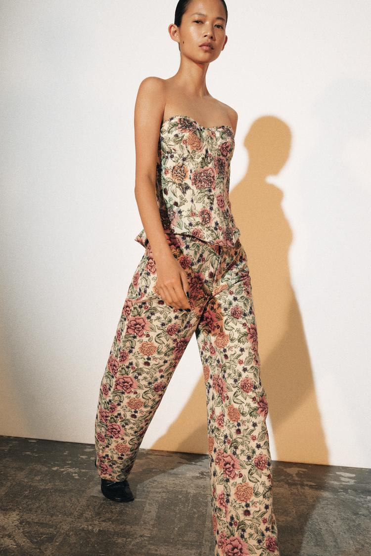*Zara ZW Collection Women's Jacquard Floral Wide-Leg Trousers - Small