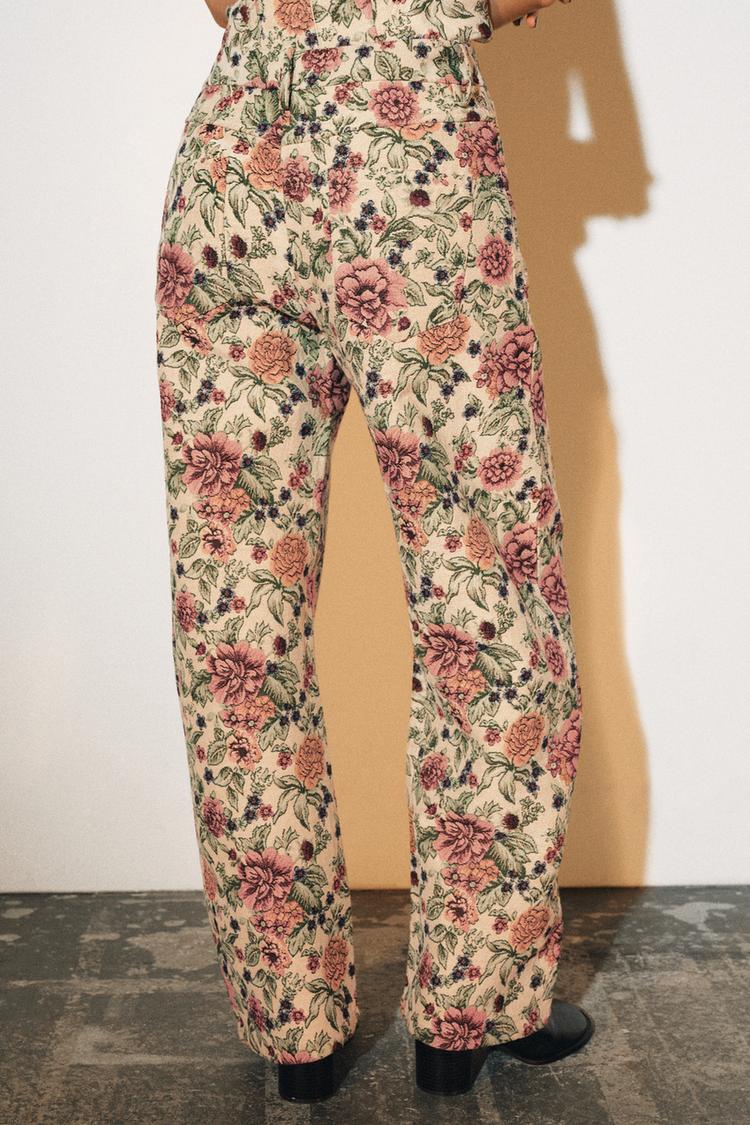 *Zara ZW Collection Women's Jacquard Floral Wide-Leg Trousers - Small