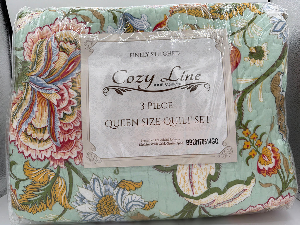 Cozy Line Home Fashions 3-Piece Queen Size Cotton Blooming Camellia Flower Garden Red Coral Sage Green Reversible Queen Quilt Bedding Set