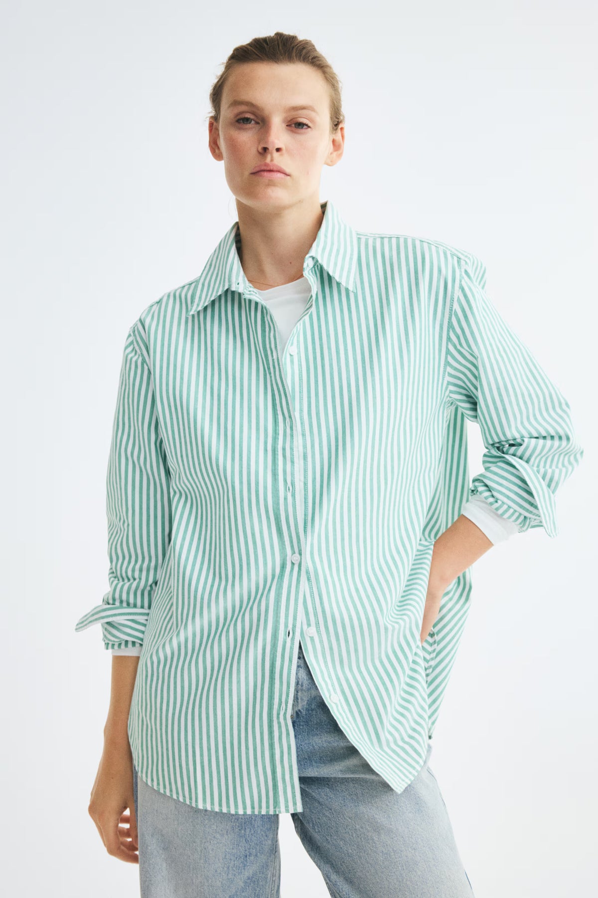 H&M Women's Oxford Shirt - Green/White Striped - US Small
