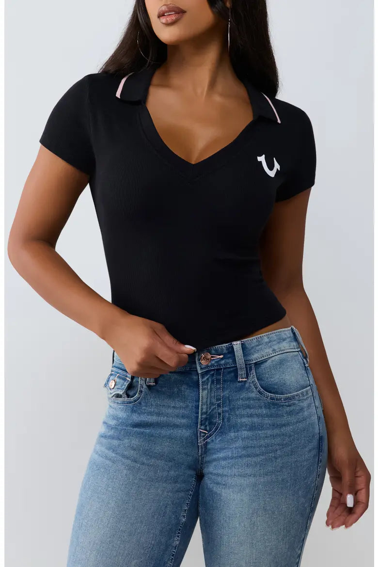 True Religion Buddha Star Ribbed Deep V Graphic Polo, Blk/Pink - Medium