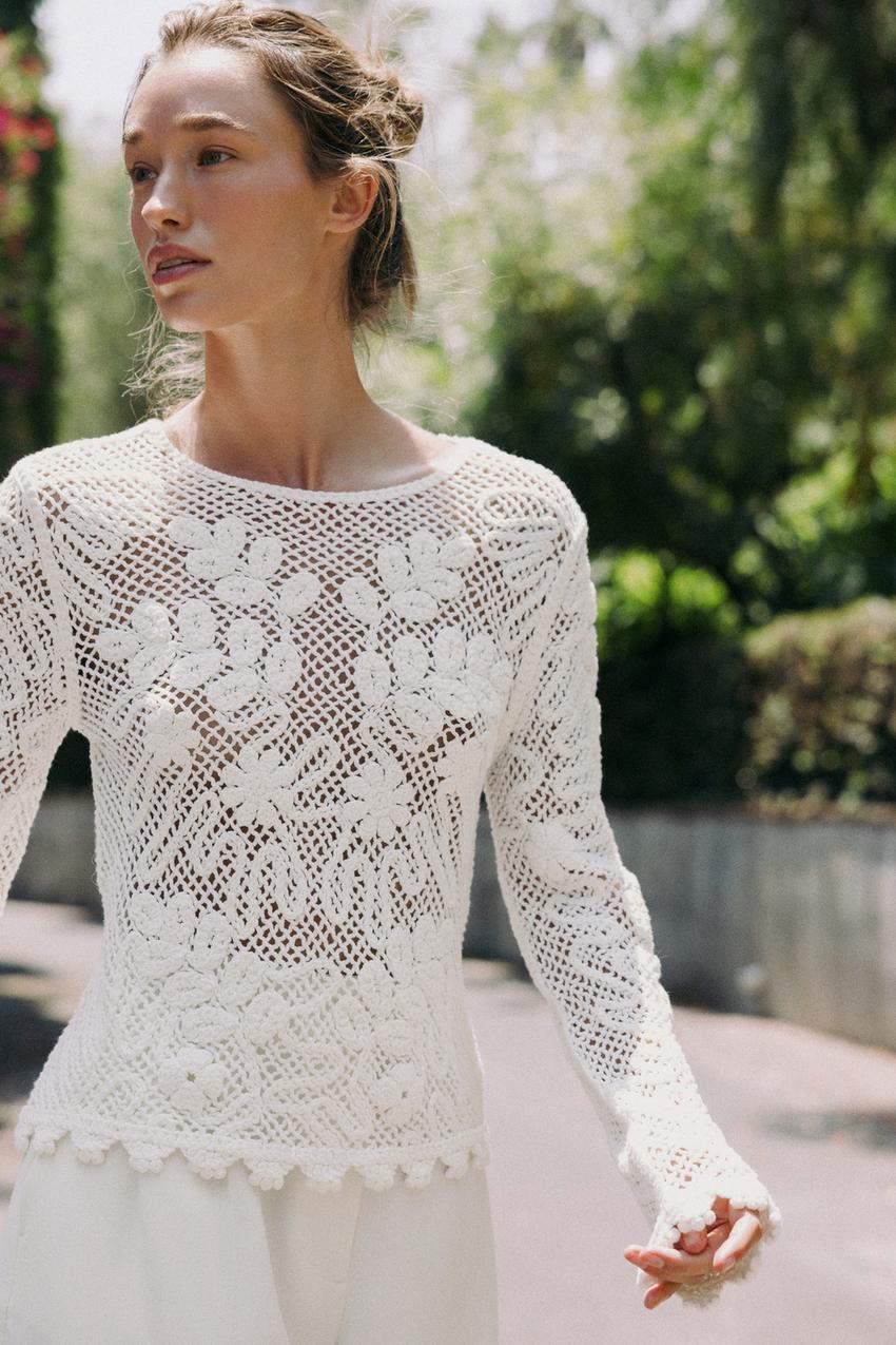 Zara EMBROIDERED LACE TOP Size M