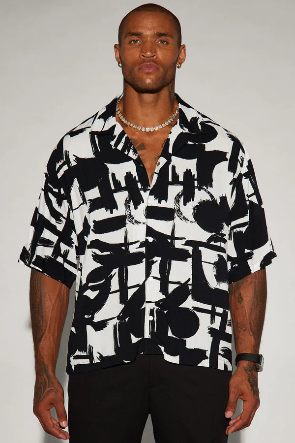Fashion Nova Perfect Strokes Button Up Shirt - Black/combo SIZE XXX LARGE