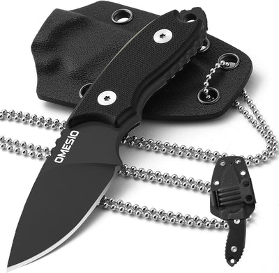 Omesio Neck Knife, 5.43" Neck Knife with Sheath and Necklace, Full Tang Small Mini Fixed Blad Knife with Clip D2 Steel 2.17-Inch Blade G10 Handle for Camping, Tactical (Black Handle + Black Blade)