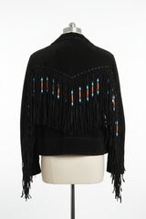 Genuine Leather Black Suede Fringe Beaded Jacket - Size L