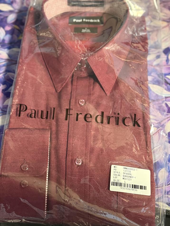 Paul Fredrick Non-Iron Cotton Solid Dress Shirt with Contrast Trim Burgandy Slim Fit Large