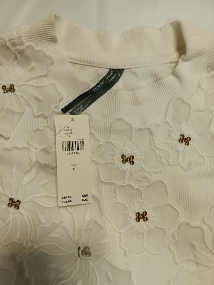 By Anthropologie Sleeveless 3D Floral Appliqué Top - Ivory - Small