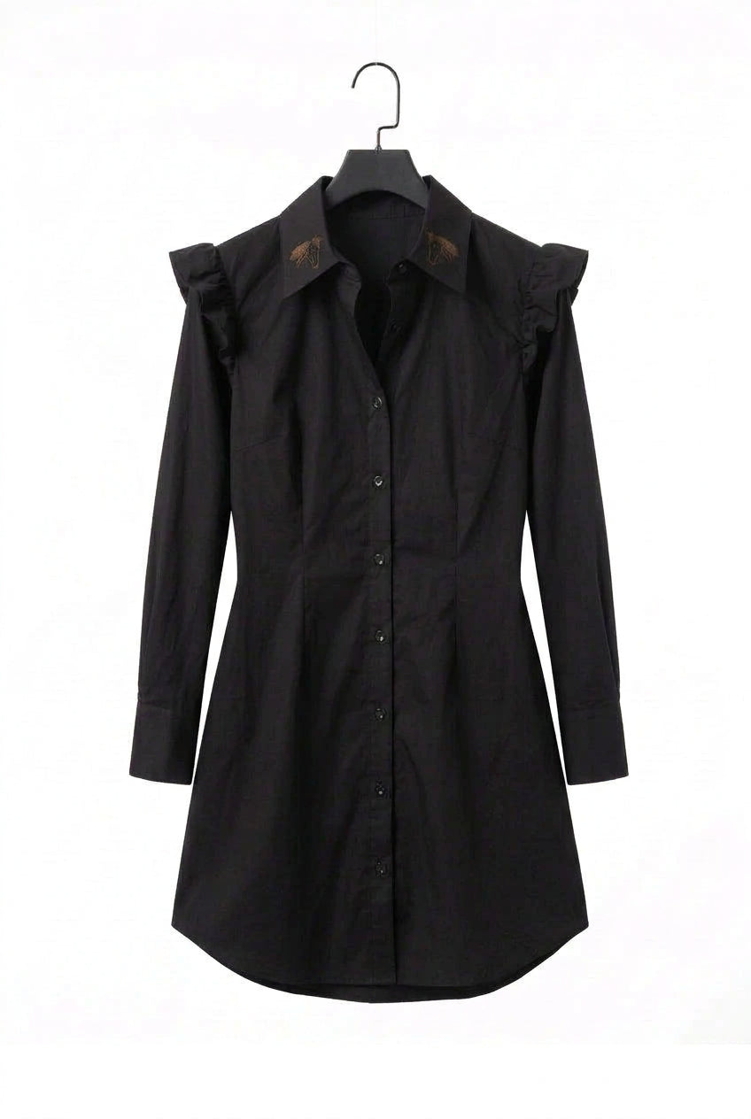 LUCKY & BLESSED Black Cotton Button Down Ruffle Sleeve Dress W Horse Embroidered On the Collar Size  X Large