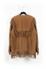 Men's Western Cognac Brown Suede Leather Mountain Man Fringed Shirt - 5XL