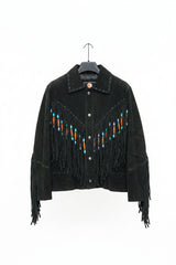 Genuine Leather Black Suede Fringe Beaded Jacket - Size L