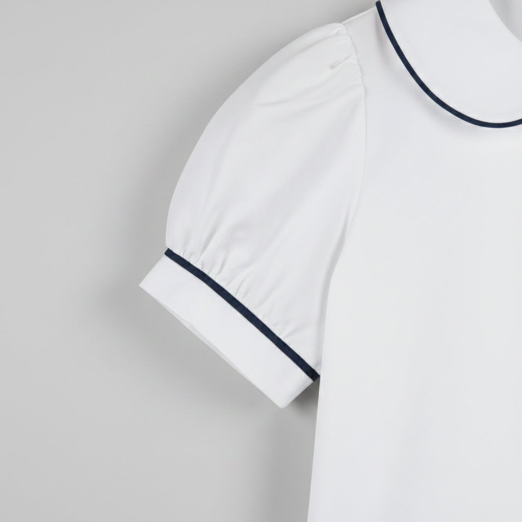 Simply the Best - Girls Blouse, White/Navy trim - YXS