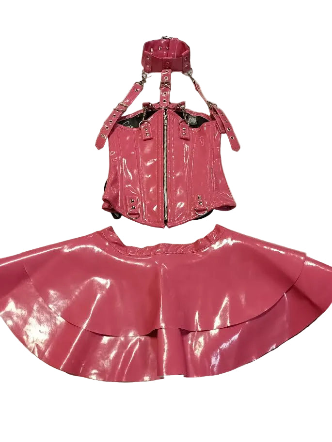 High‑Gloss PVC Corset & Skirt Set – Harness Style