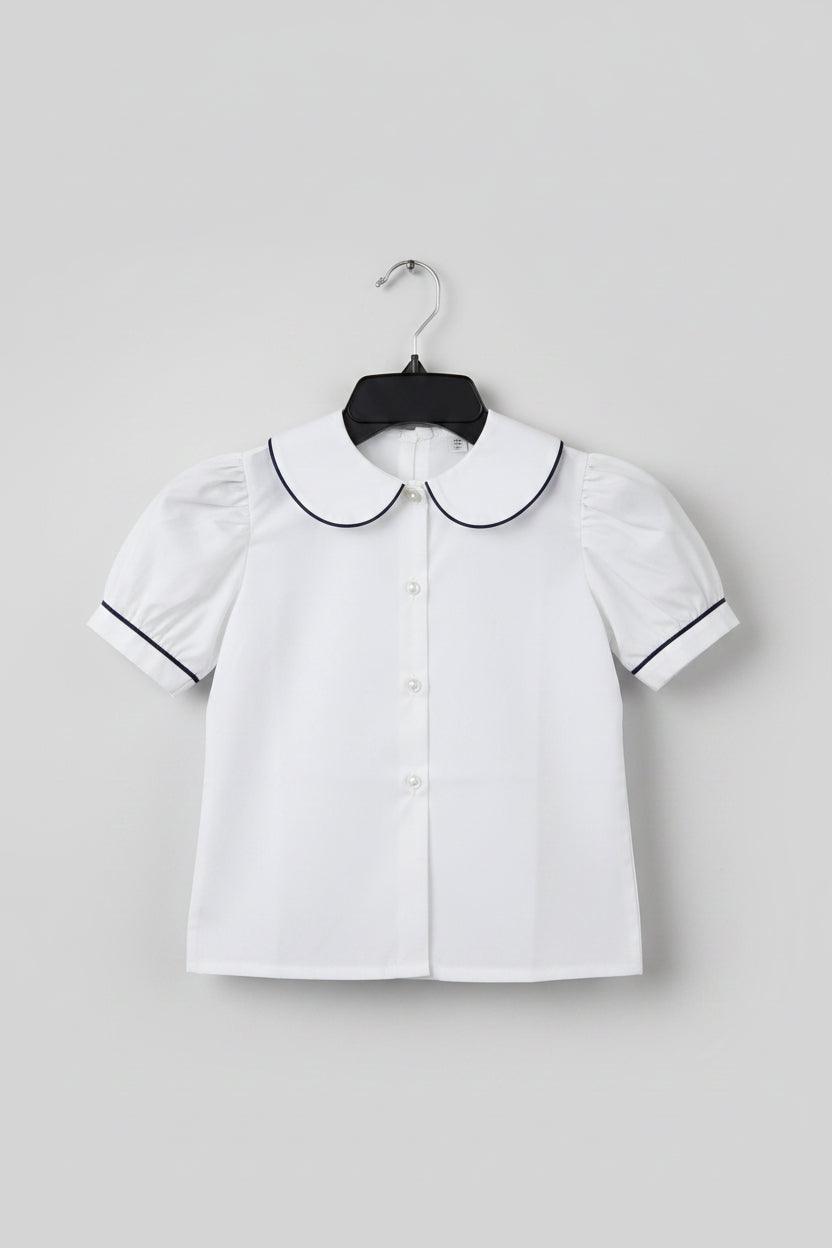 Simply the Best - Girls Blouse, White/Navy trim - YXS
