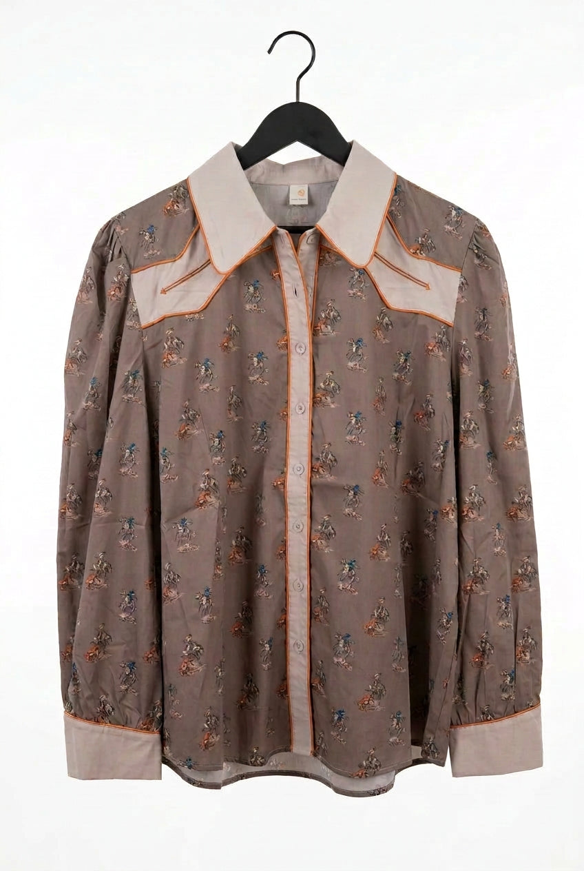 Cream Teal Western  Printed Puff Sleeve Button Down Shirt Size X Large
