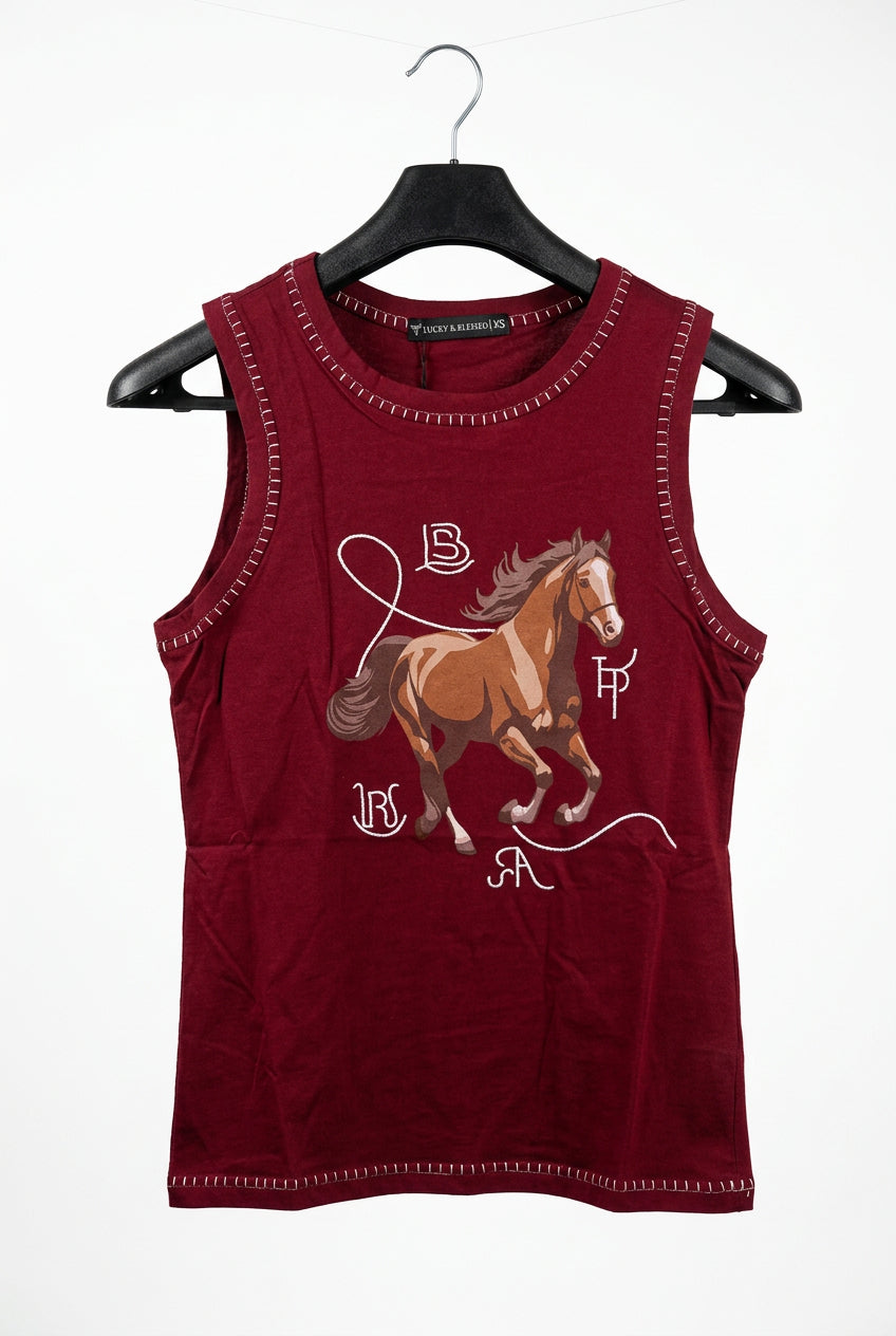 LUCKY & BLESSED Burgundy Running Horse Western Contrast Stitch Sleeveless Top Size Large