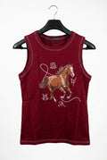 LUCKY & BLESSED Burgundy Running Horse Western Contrast Stitch Sleeveless Top Size Large