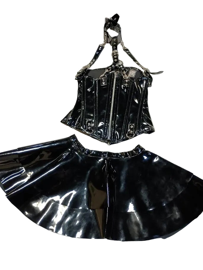 High‑Gloss PVC Corset & Skirt Set – Harness Style