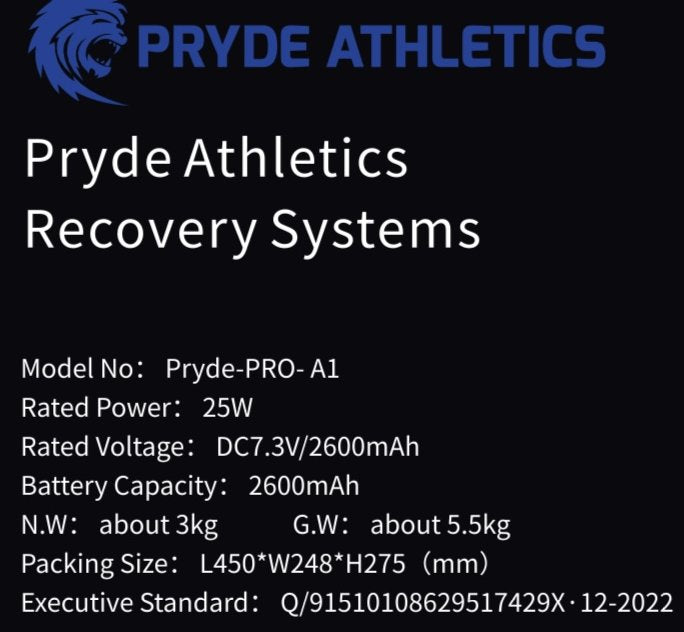 Pryde Athletics Recovery Systems Pryde PRO-A1 Recovery System Size: Large (Black) Pressure level: 15 adjustable pressure levels, 5 mmHg/level.  $599.00