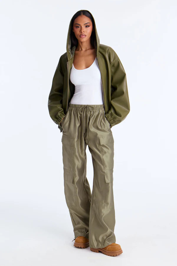 Fashion  Nova Gemma Cargo Satin Jogger Pant - Olive SIZE SMALL