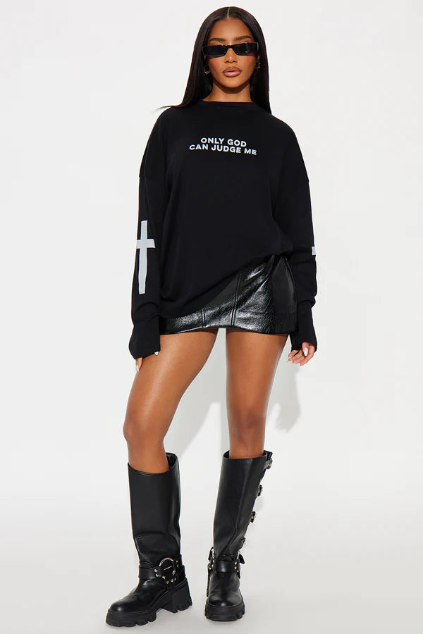 Only God Can Judge Crosses Long Sleeve Tee by Fashion Nova - Black - Size 2XL