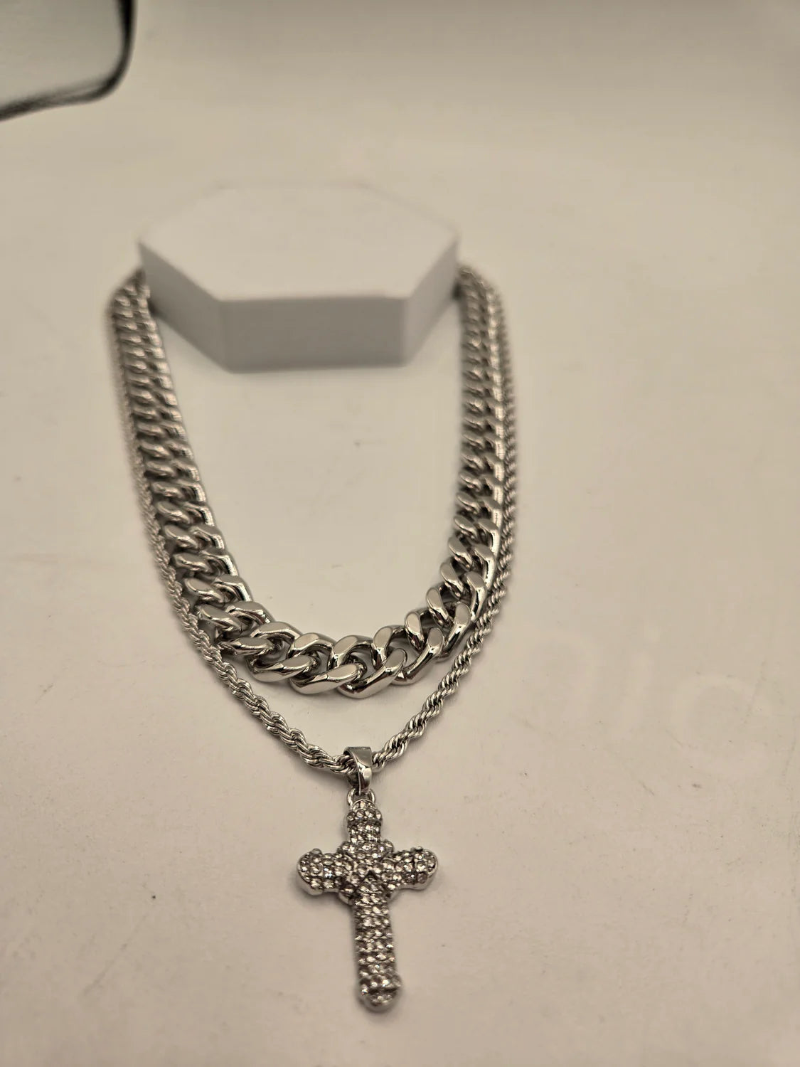 Bold Essence 2-Piece Set Silver Cuban Chain & Small Chain w/Silver Cross