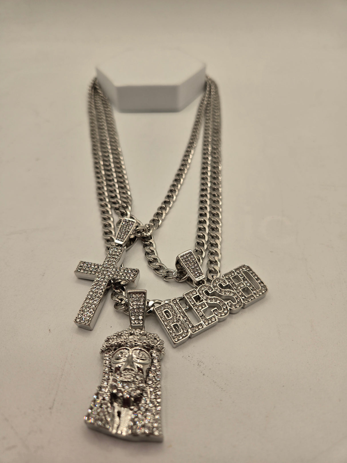 Bold Essence  3-Piece Silver Blessed, Cross And Jesus Necklace Set