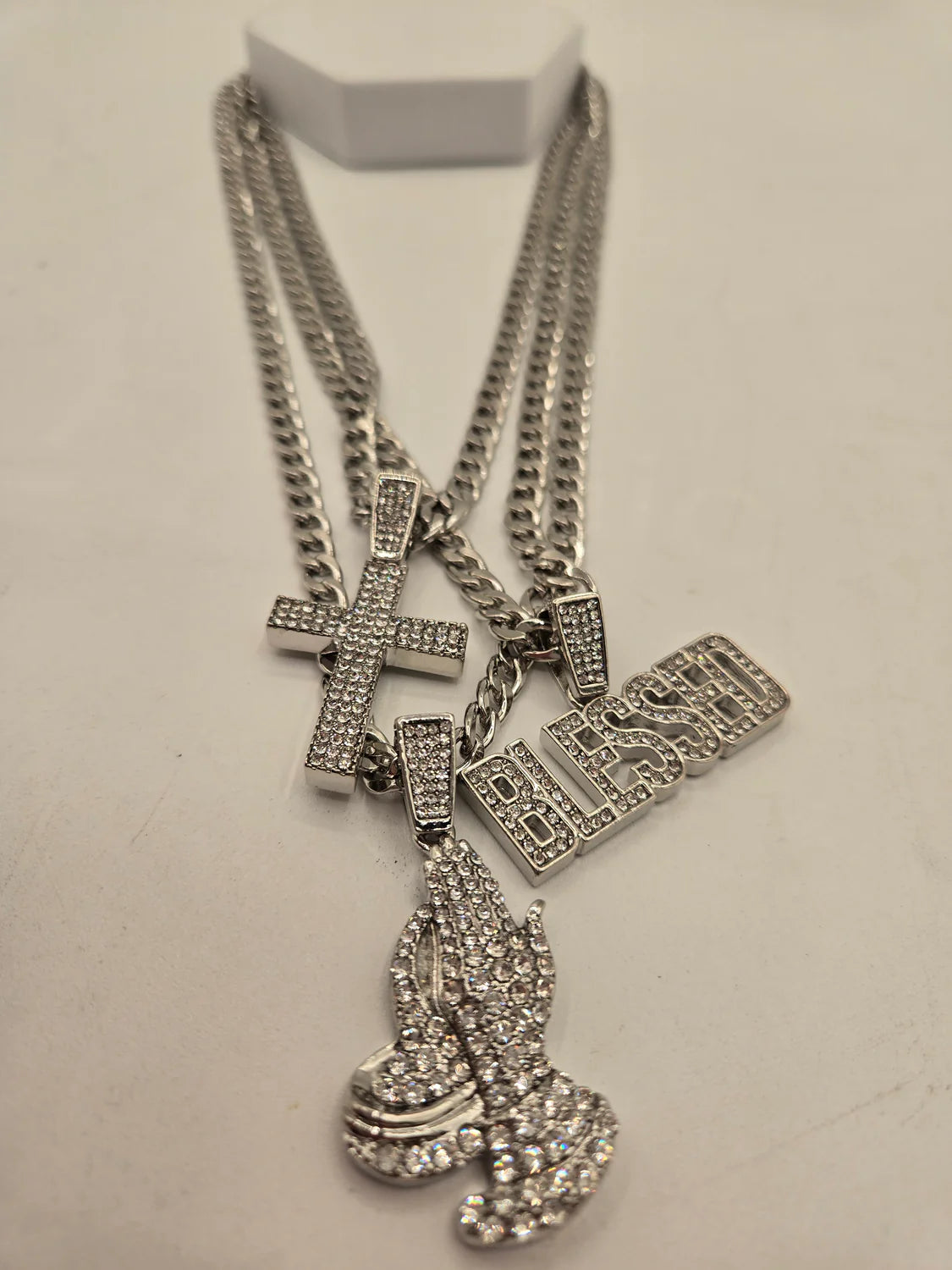 Bold Essence 3-Piece Silver Blessed, Cross And Jesus Necklace Set