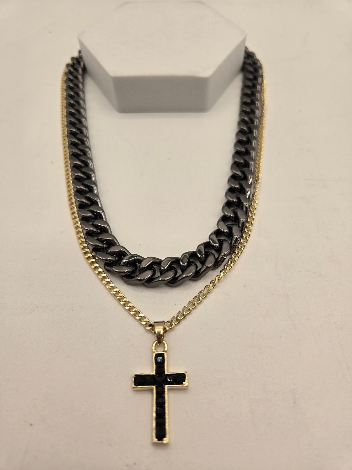 Bold Essence Black/Gold Cuban Link 2-Piece Cross Necklace Set