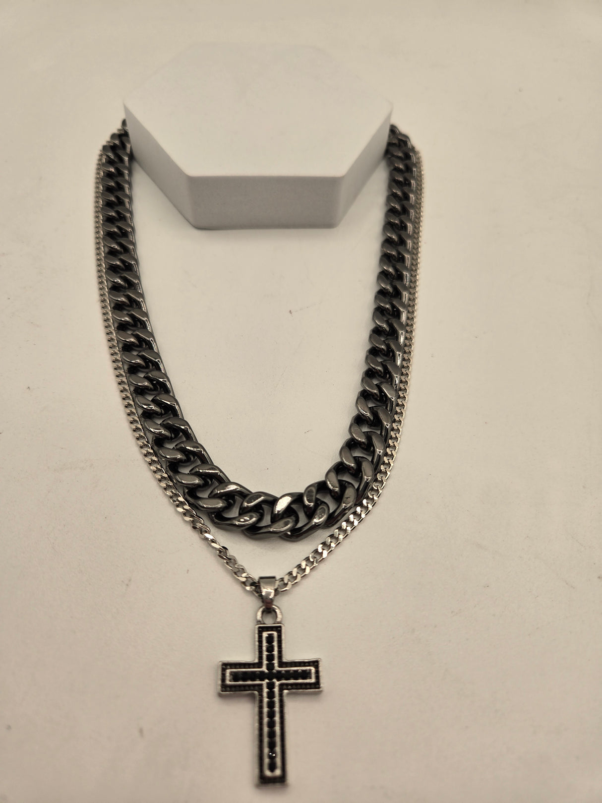 Bold Essence 2-Piece Black Cuban Chain & Silver Chain w/Black Cross