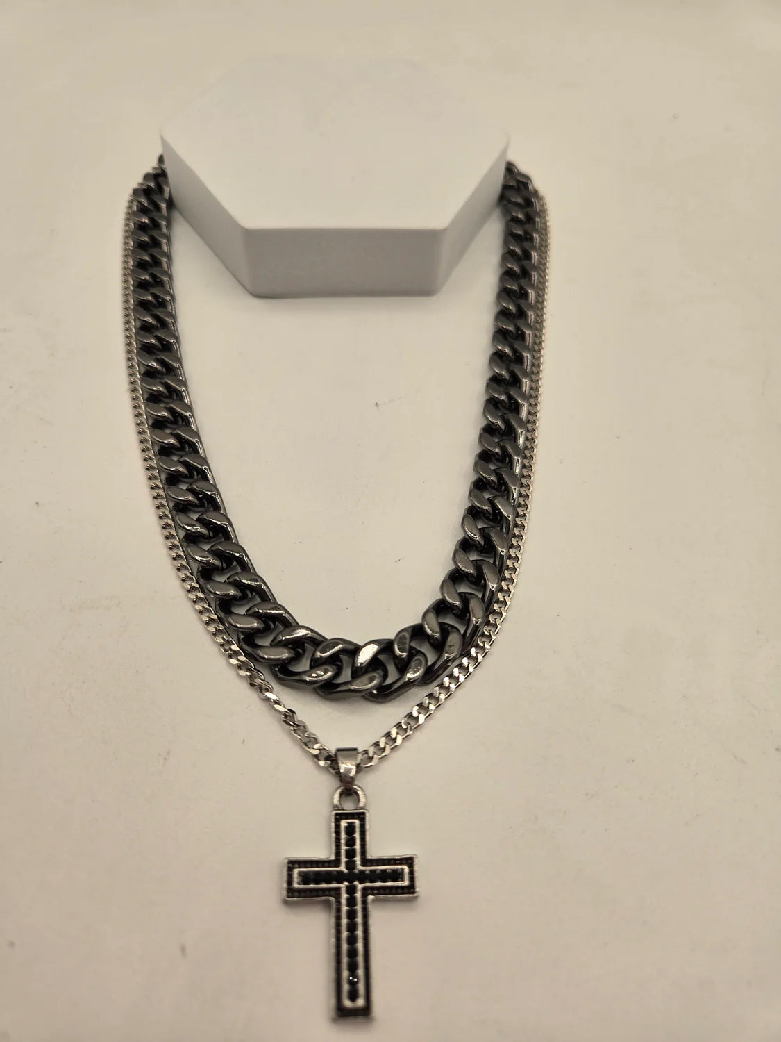 Bold Essence 2-Piece Set- Black Cuban Chain & Silver Chain w/Black Cross