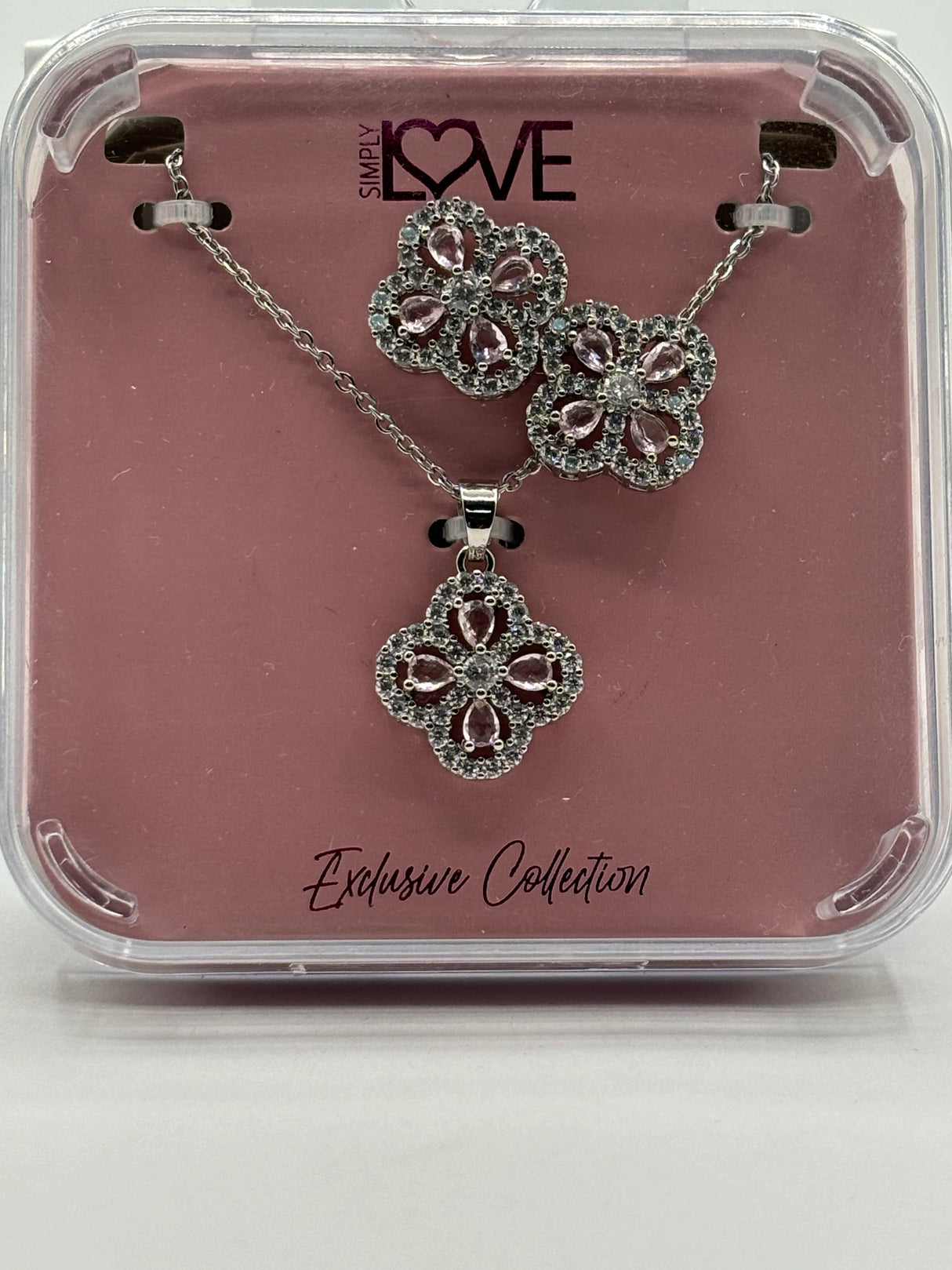 Simply Love Exclusive Collection Silver Four-Leaf Flower Pink Gem Earring And Necklace Set