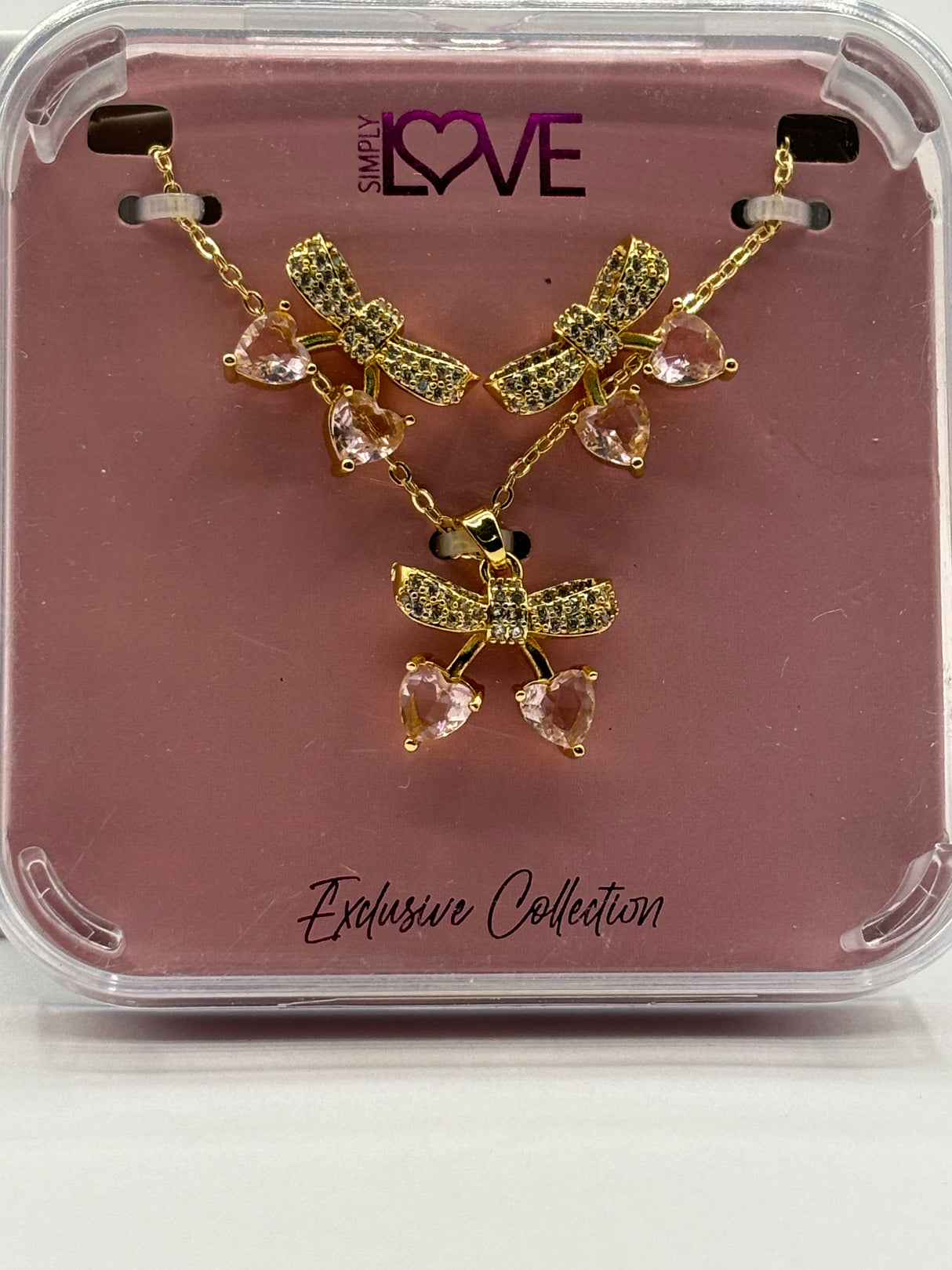 Simply Love Exclusive Collection Gold/Pink Diamond Bow Earring And Necklace Set