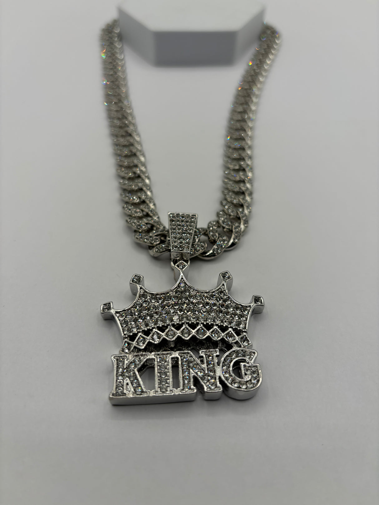 Crown King Pendant Cuban Link Chain Silver Finish Necklace