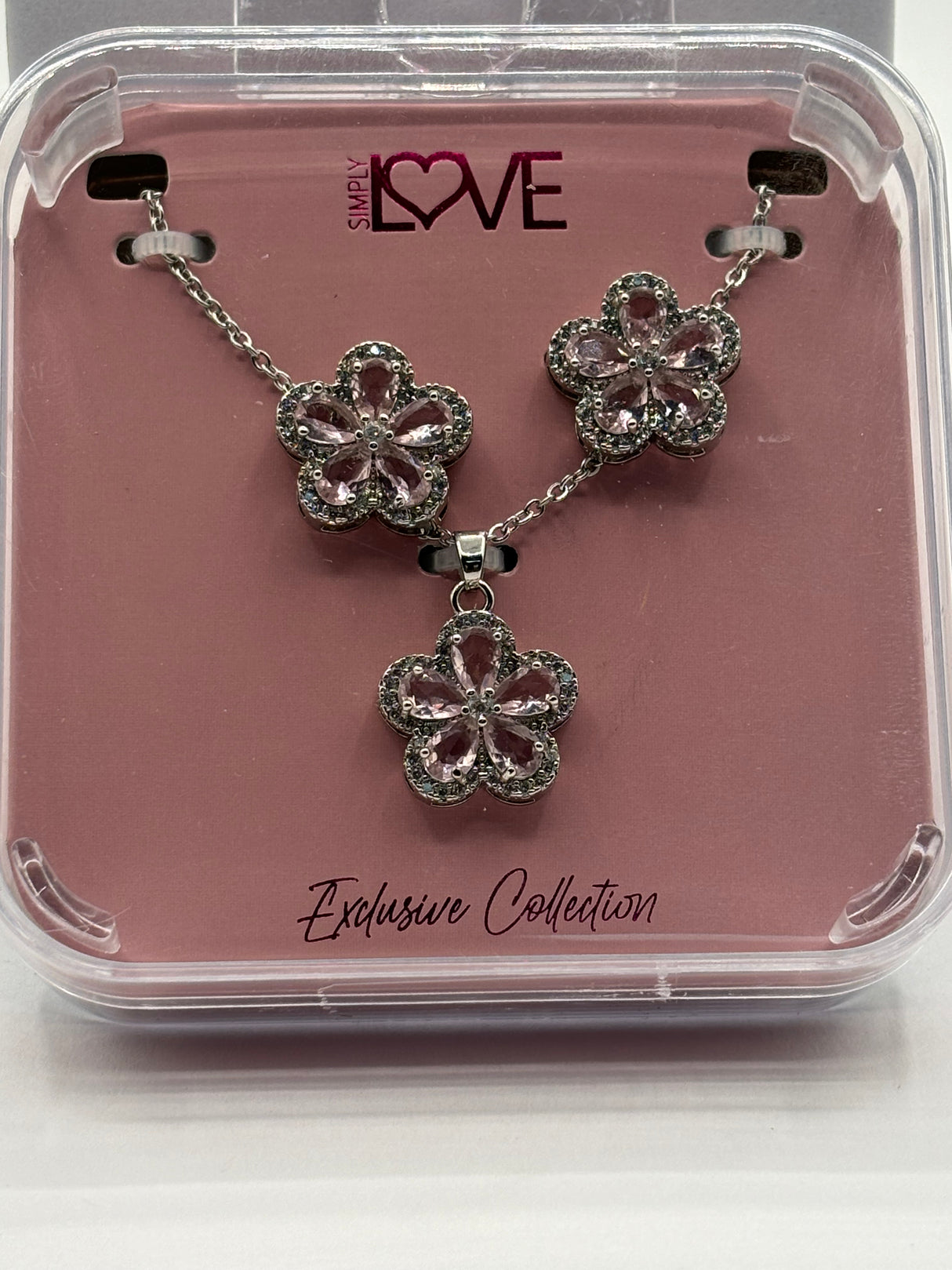 Simply Love Necklace & Earring Set - Silver With Pink Stones - Flower Shape