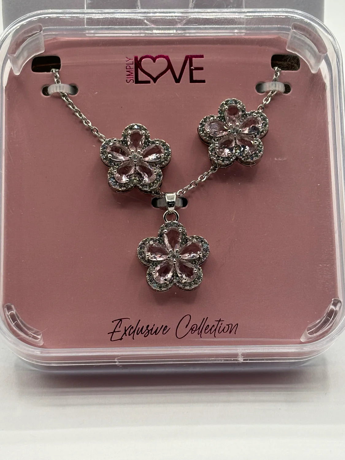 Simply Love Necklace & Earring Set - Silver With Pink Stones - Flower Shape