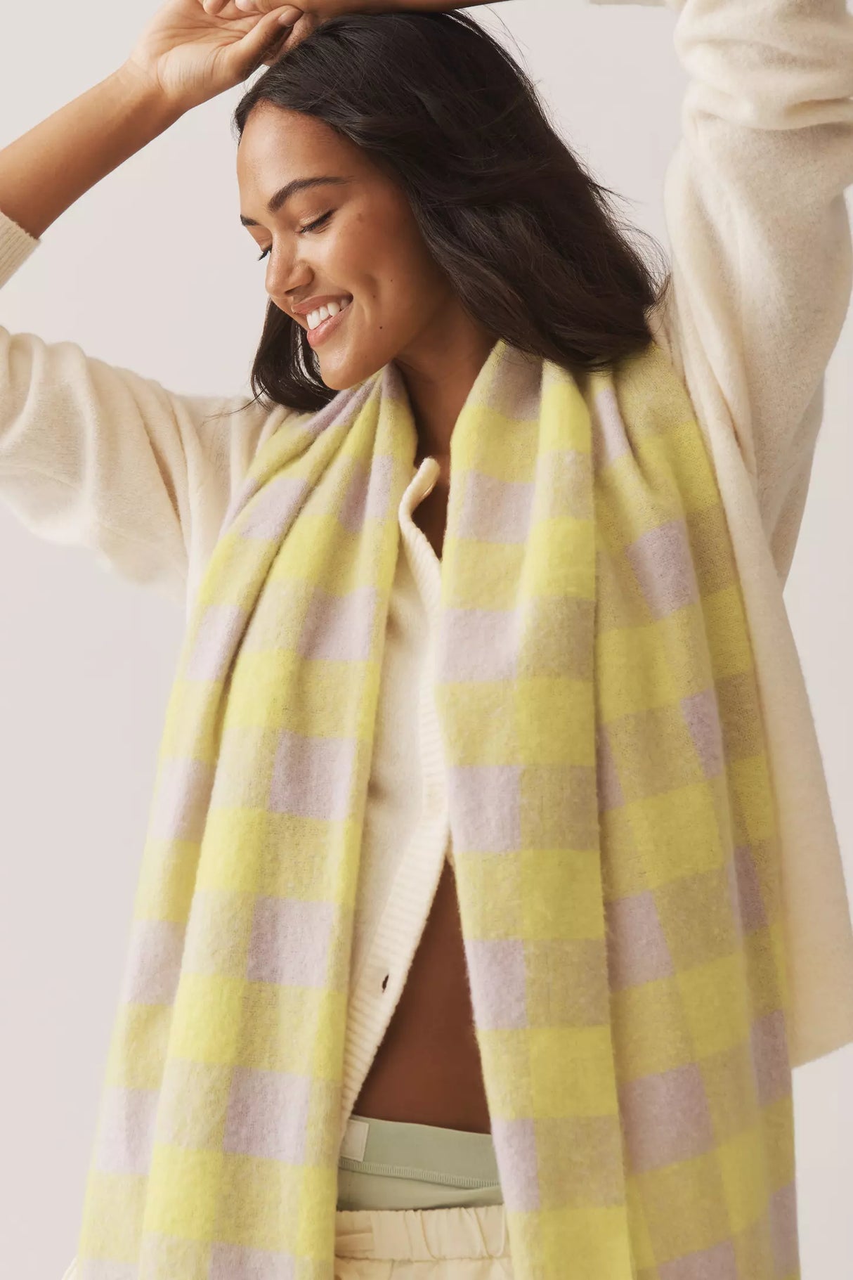Maeve Brushed Gingham Scarf - Yellow and Lilac - One Size