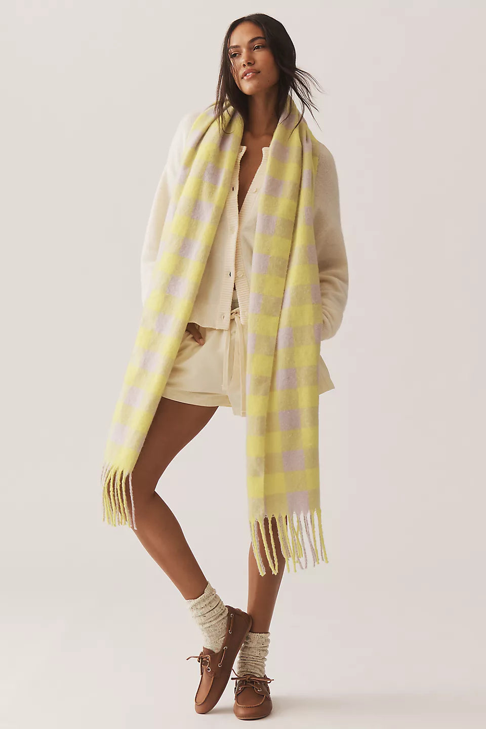 Maeve Brushed Gingham Scarf - Yellow and Lilac - One Size