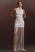 ILA Anika Halter Fringe Satin Maxi Dress Size 42
