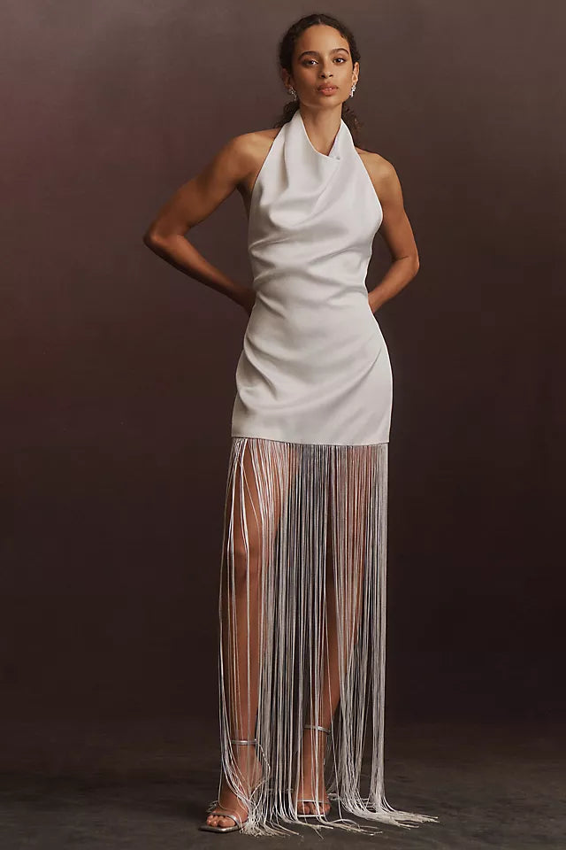 ILA Anika Halter Fringe Satin Maxi Dress Size 42