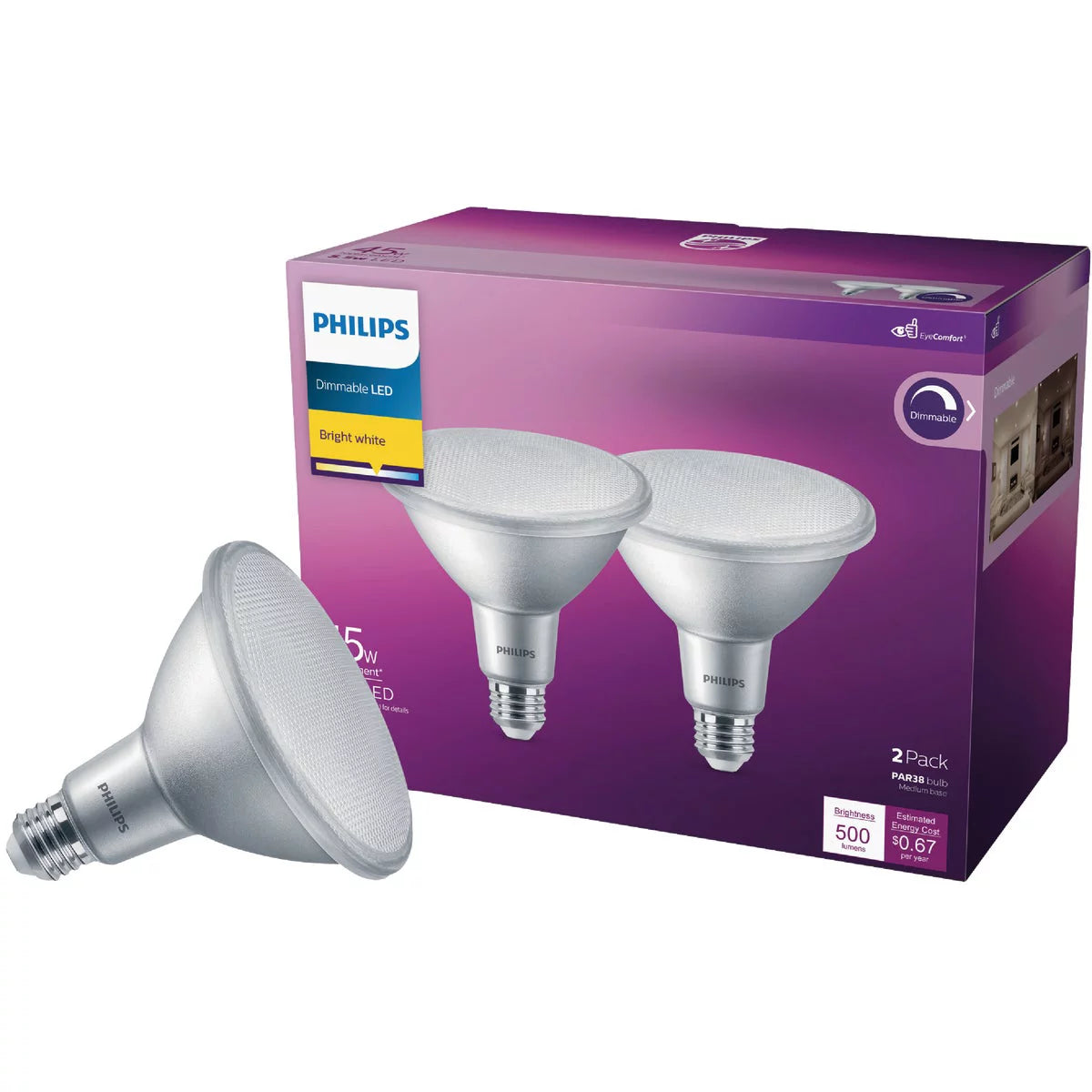 Philips LED 45-Watt PAR38 Indoor & Outdoor Floodlight Light Bulb, Bright White, Dimmable, E26 Medium Base (2-pack)