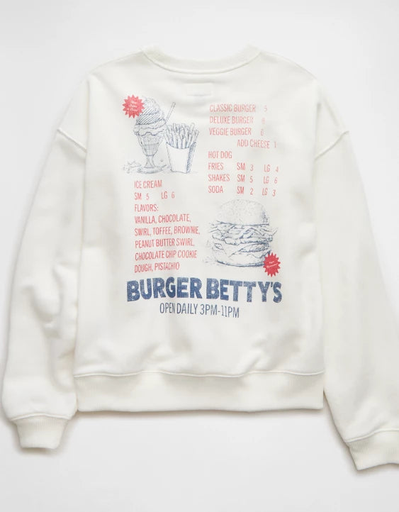 AEO Women's "Burger Betty" Graphic Sweatshirt - Cream/Sz S
