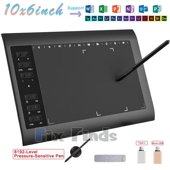 10x6 inch Digital Drawing Tablet HD Screen Graphics tablet with Battery-free Pen